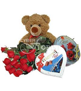 red roses with chocolates and teddy
